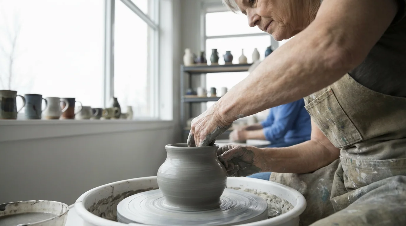 An over-the-shoulder view of a senior woman's hands shaping clay on a pottery wheel.