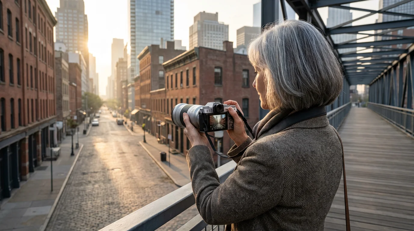 An over-the-shoulder view of a senior woman photographing a city street from an elevated walkway.