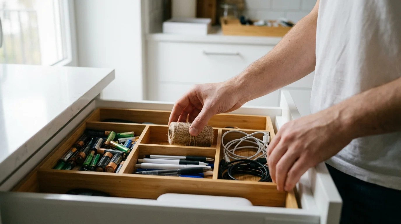 An over-the-shoulder view of hands organizing a cluttered kitchen junk drawer with natural light.