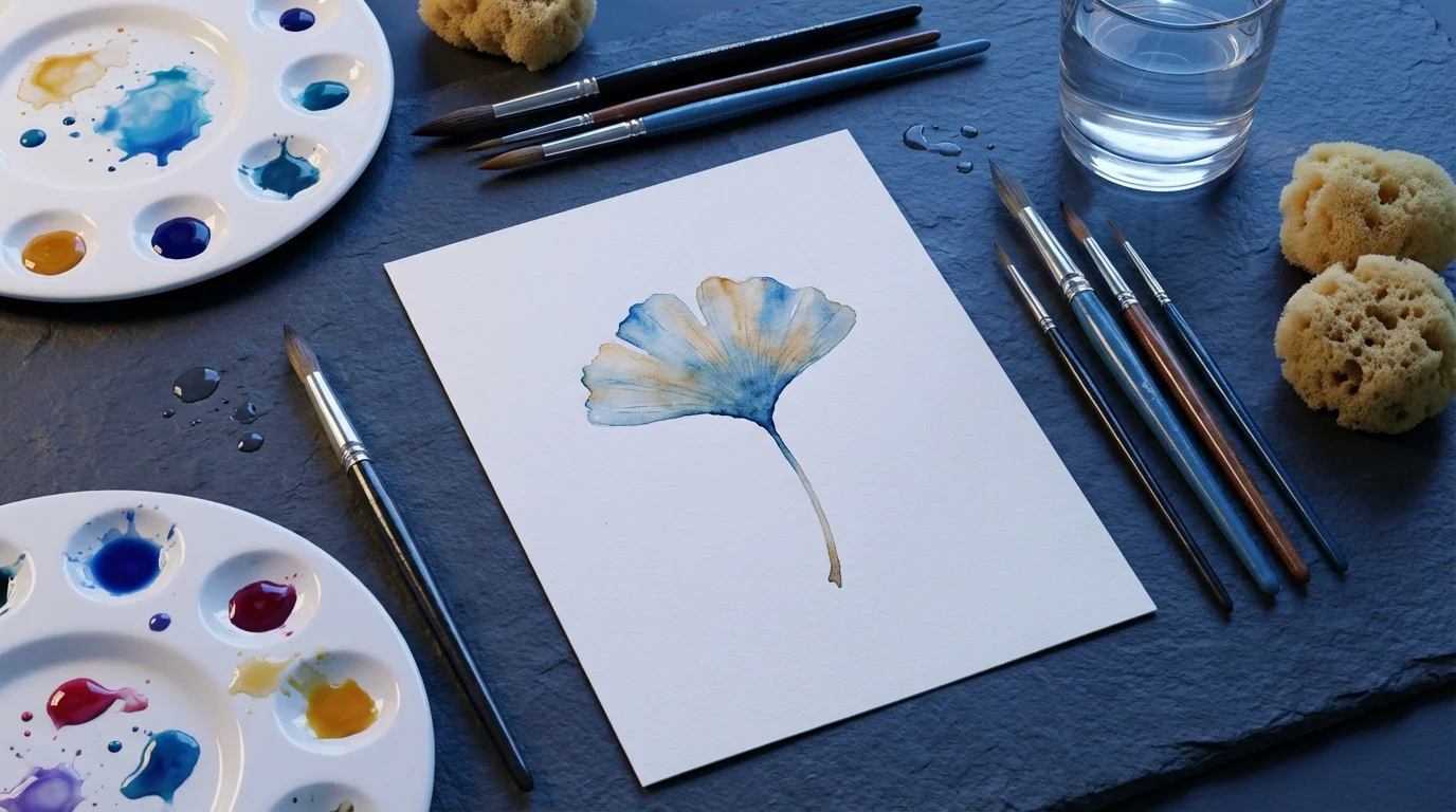 An overhead view of a watercolor painting in progress with brushes and a palette.