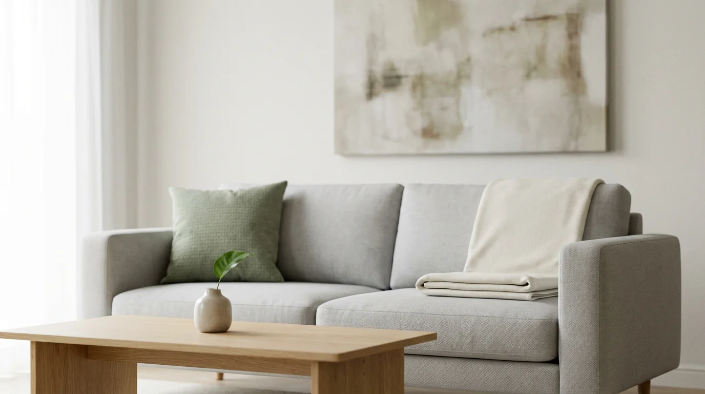 Bright, modern living room staged for sale with a neutral sofa and minimalist decor.