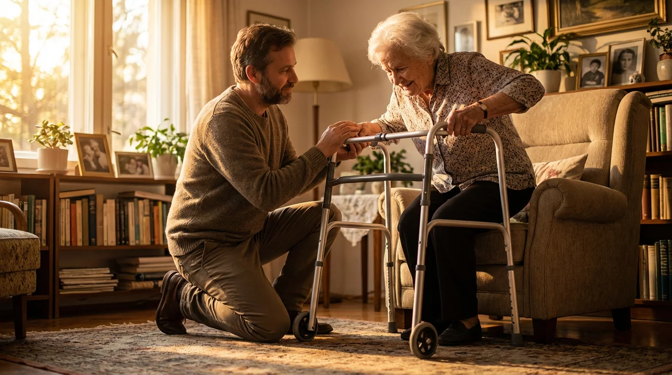 Caregiver assists a senior woman with a walker in a sunlit room at golden hour.