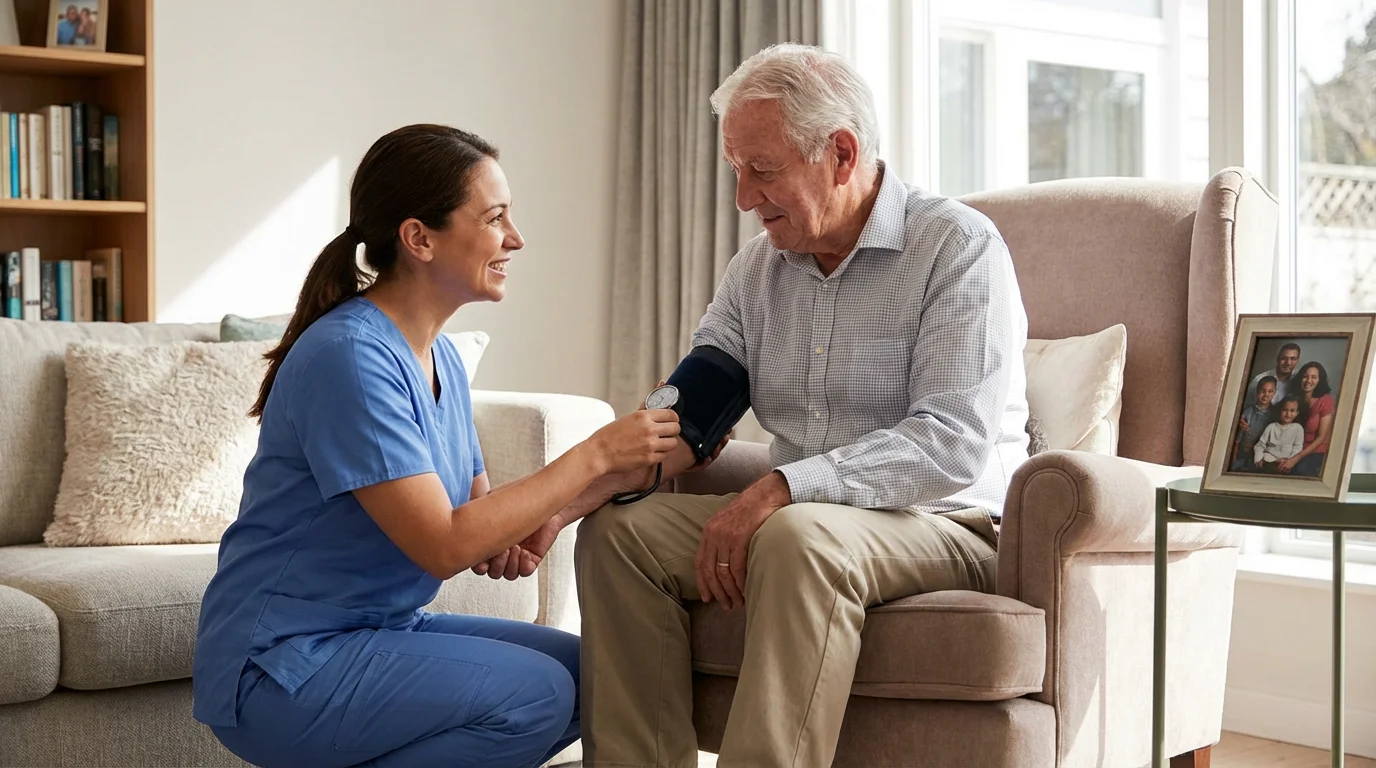 Caregiver checking an elderly man's blood pressure in a sunlit apartment, symbolizing safety.