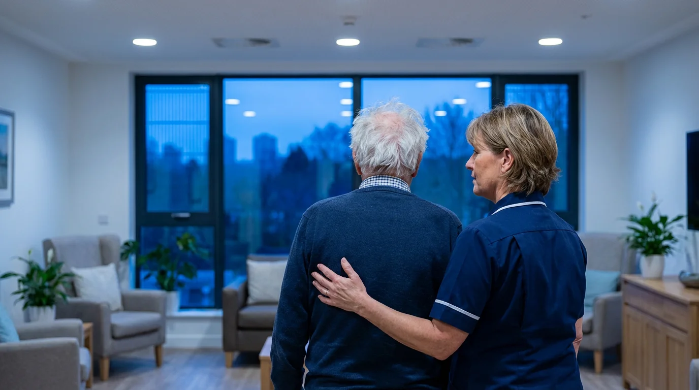 Caregiver gently supports an elderly resident looking out a window during a calm evening.