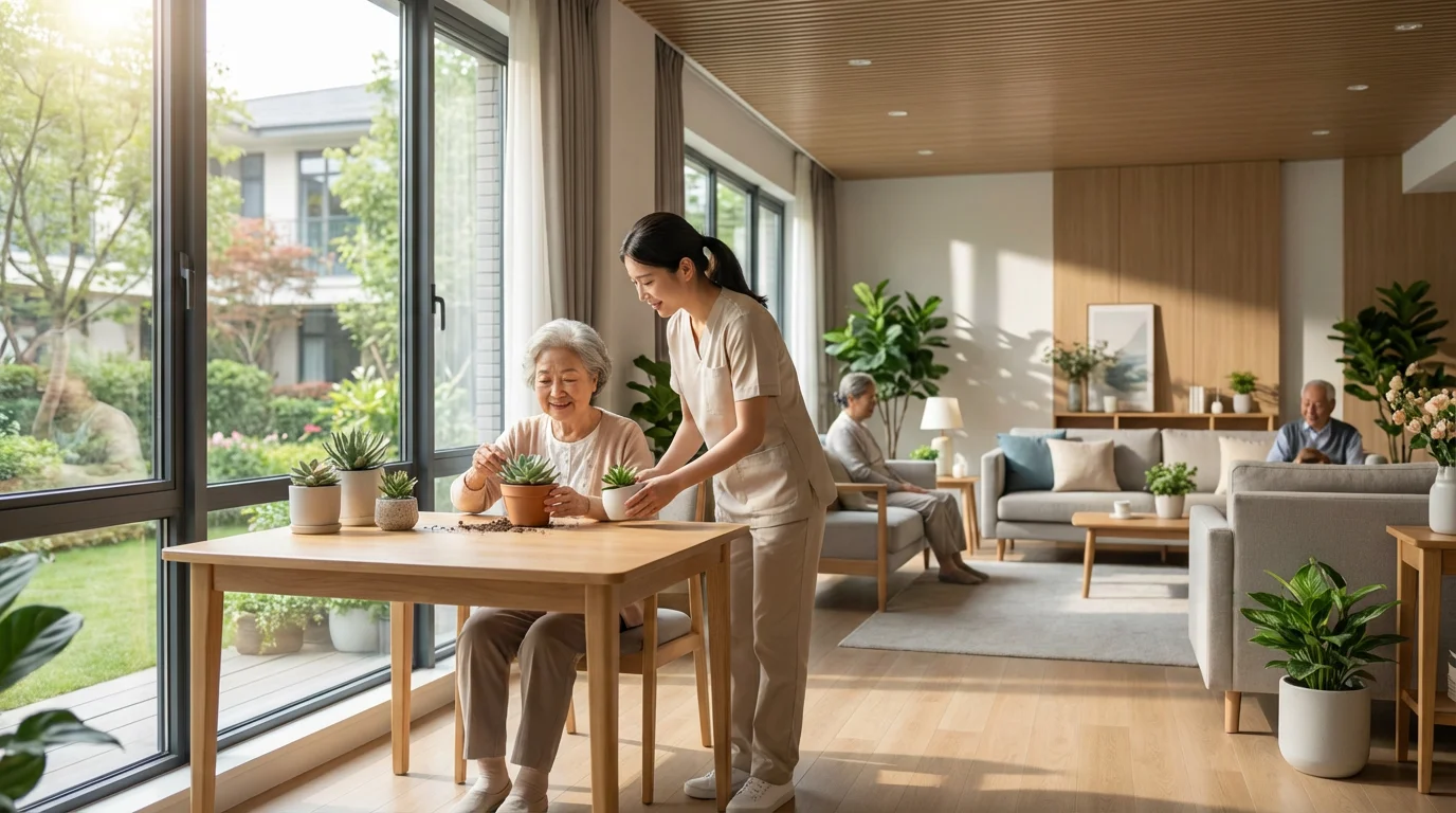 Caregiver helping a senior woman pot a plant in a sunlit assisted living facility.