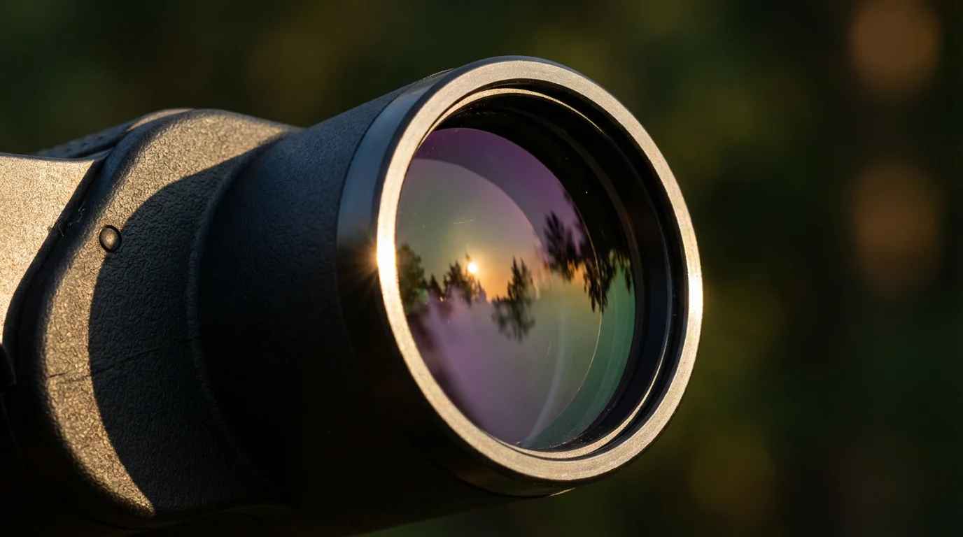 Close-up macro photo of a binocular objective lens reflecting a forest at sunset.