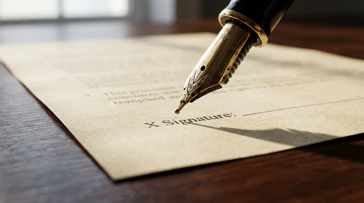 Close-up macro photo of a fountain pen poised to sign a formal legal contract.
