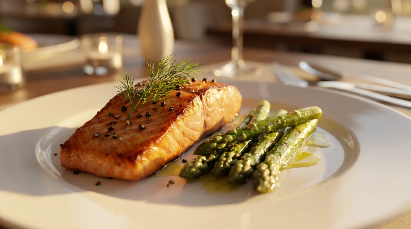 Close-up macro photo of a gourmet salmon and asparagus dish during golden hour.