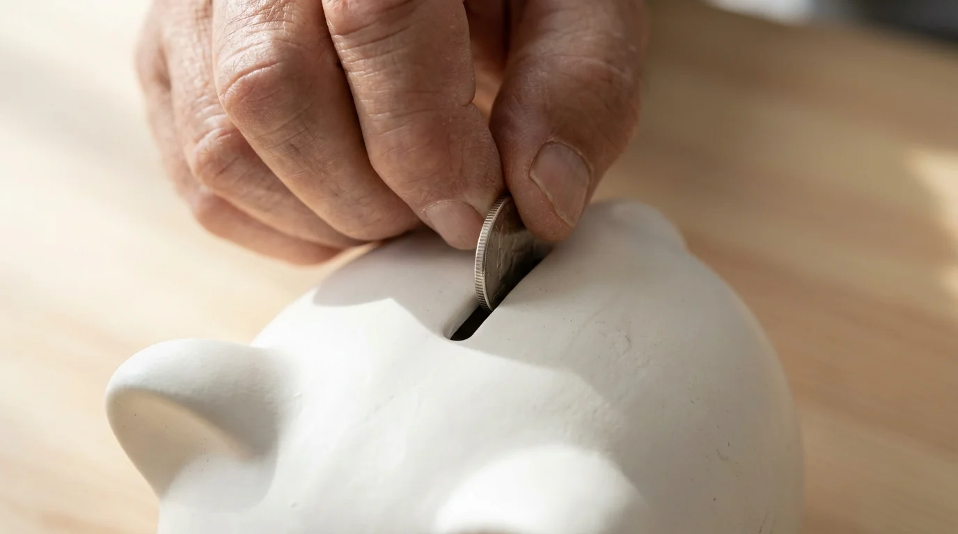 Close-up macro photo of a hand putting a coin into a white piggy bank.