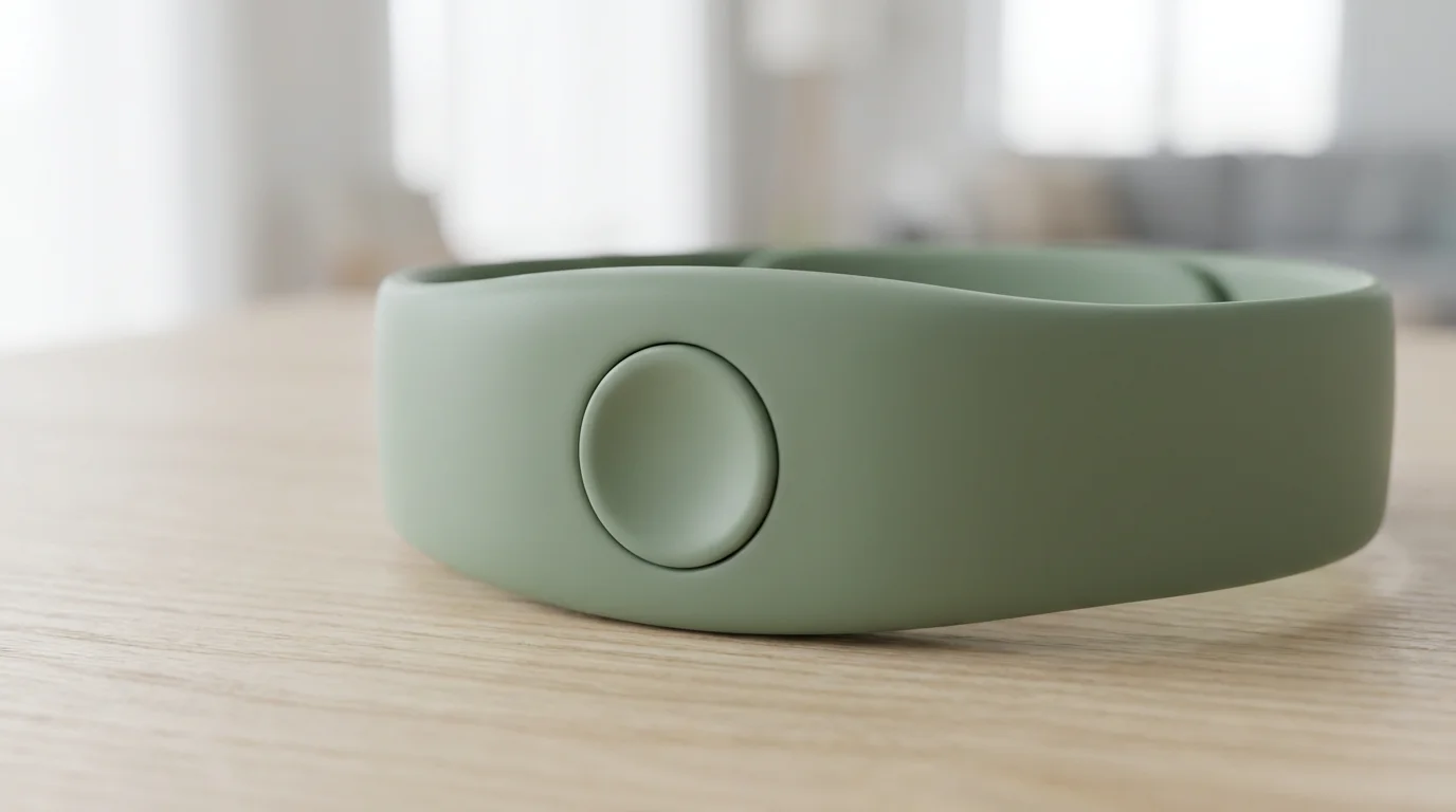 Close-up macro photo of a modern medical alert wristband for seniors on a table.