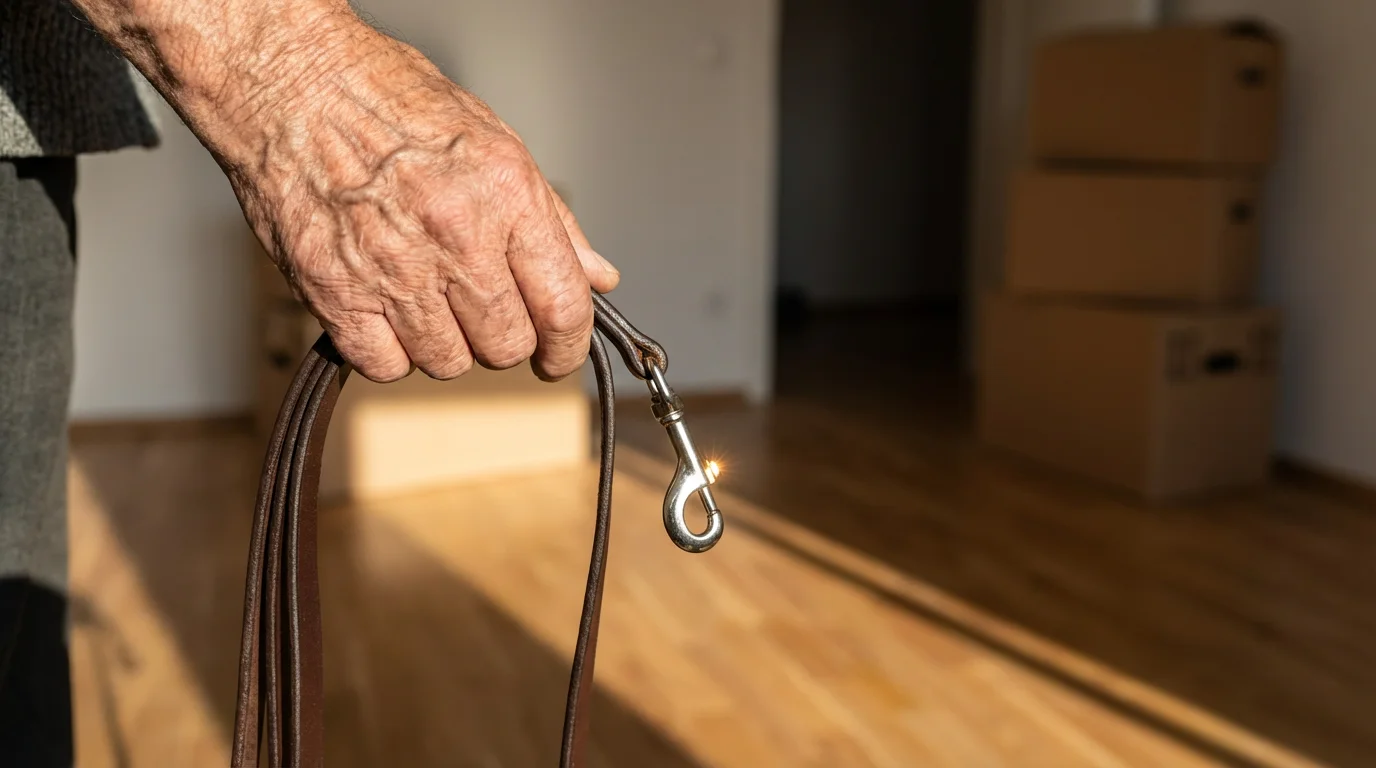 Close-up macro photo of a senior's hand holding a new leather dog leash.
