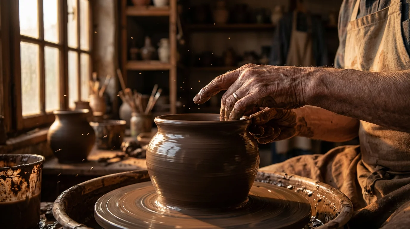 Close-up macro photo of a senior's hands shaping wet clay on a pottery wheel.