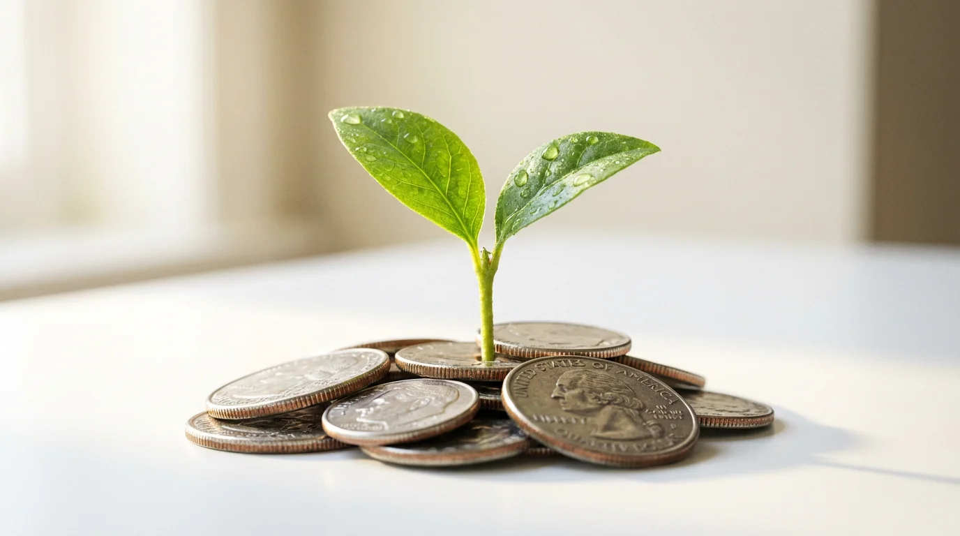 Close-up macro photo of a small green plant sprout growing out of a stack of coins.