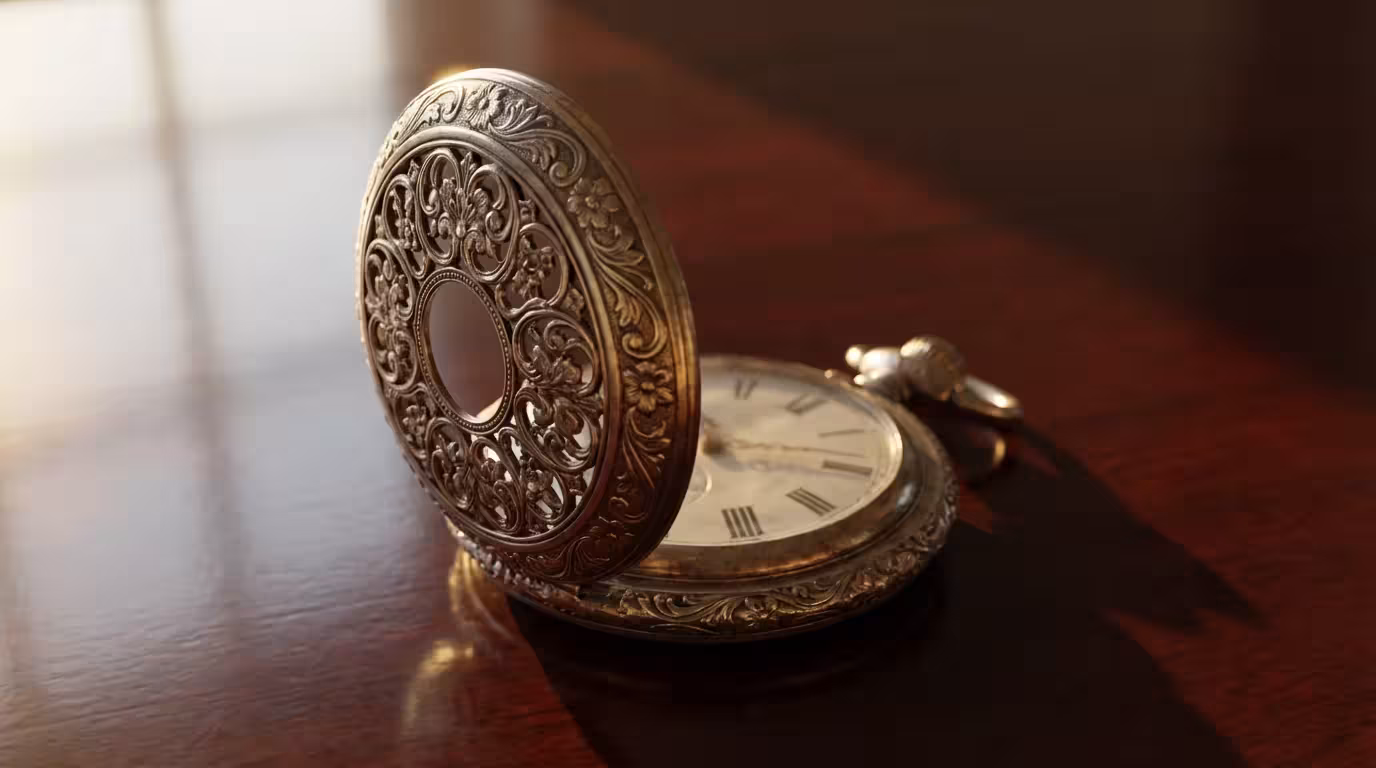 Close-up macro photo of a vintage silver pocket watch heirloom resting on a wooden surface during golden hour.
