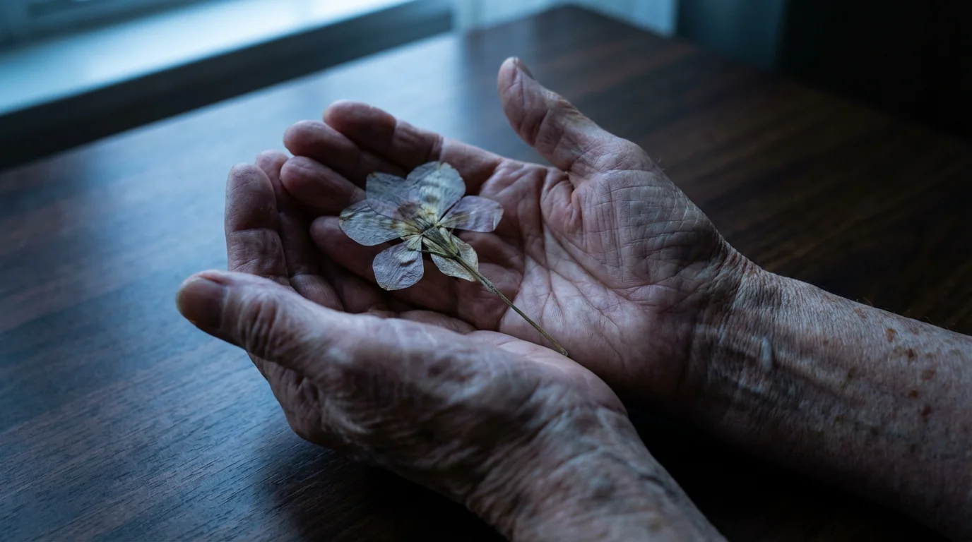 Close-up macro photo of an elderly person's hands holding a fragile pressed flower.