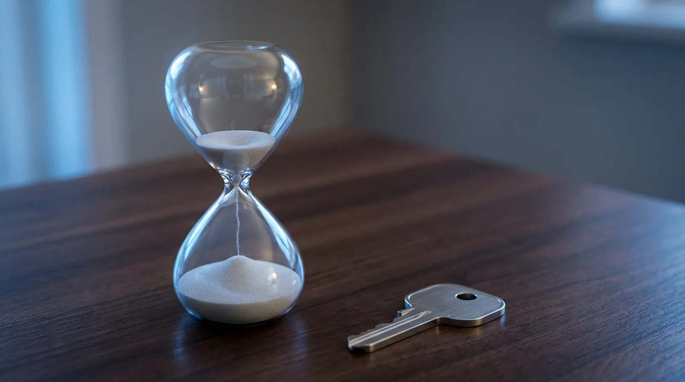 Close-up macro photo of an hourglass with falling sand next to a single house key.