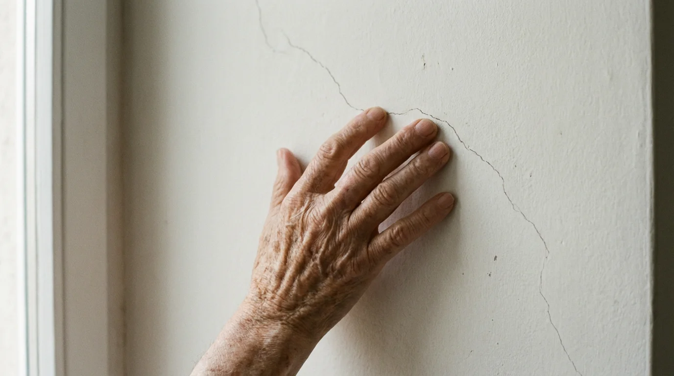 Close-up macro photo of an older hand touching a small crack on a plaster wall.