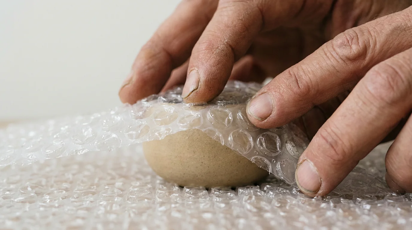 Close-up macro photo of hands carefully wrapping a fragile item in protective bubble wrap.