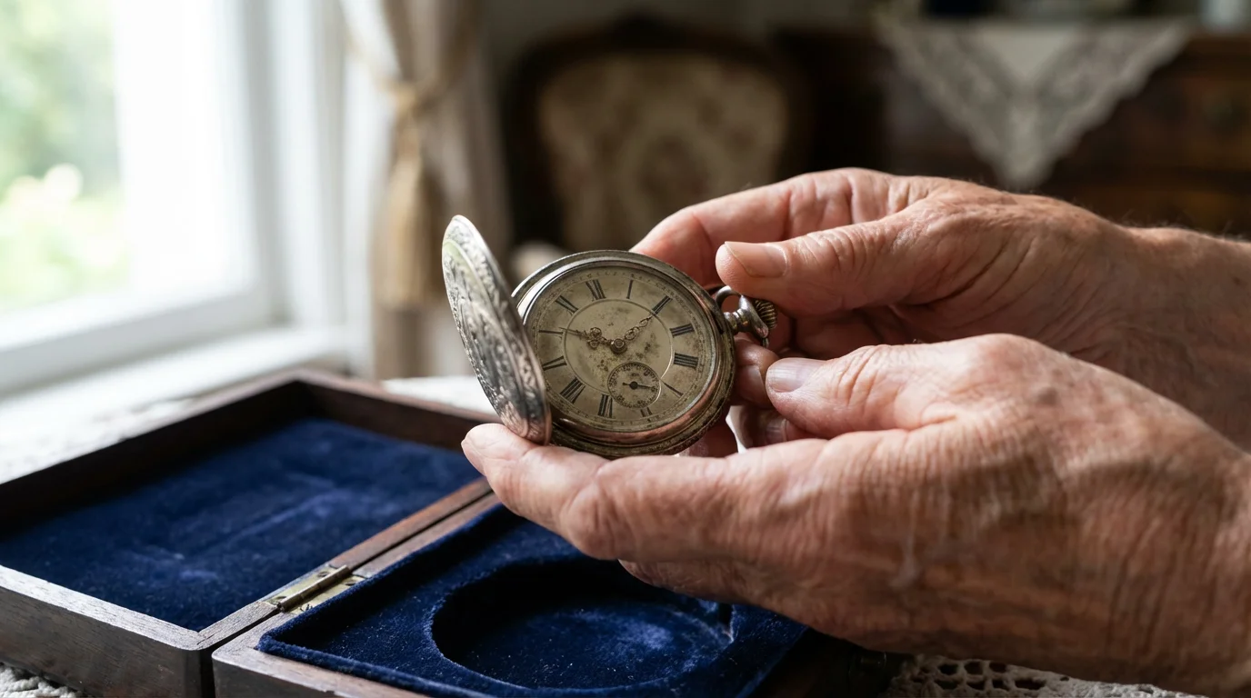 Close-up macro photo of hands gently holding an antique silver pocket watch.