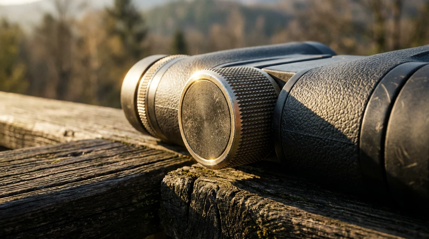 Close-up macro photo of modern binoculars resting on a rustic wooden railing at sunset.