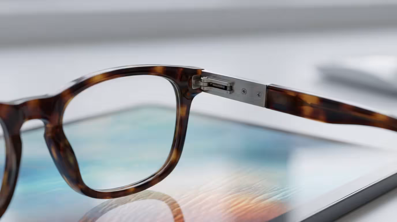 Close-up macro photo of reading glasses on a tablet screen for finding communities.