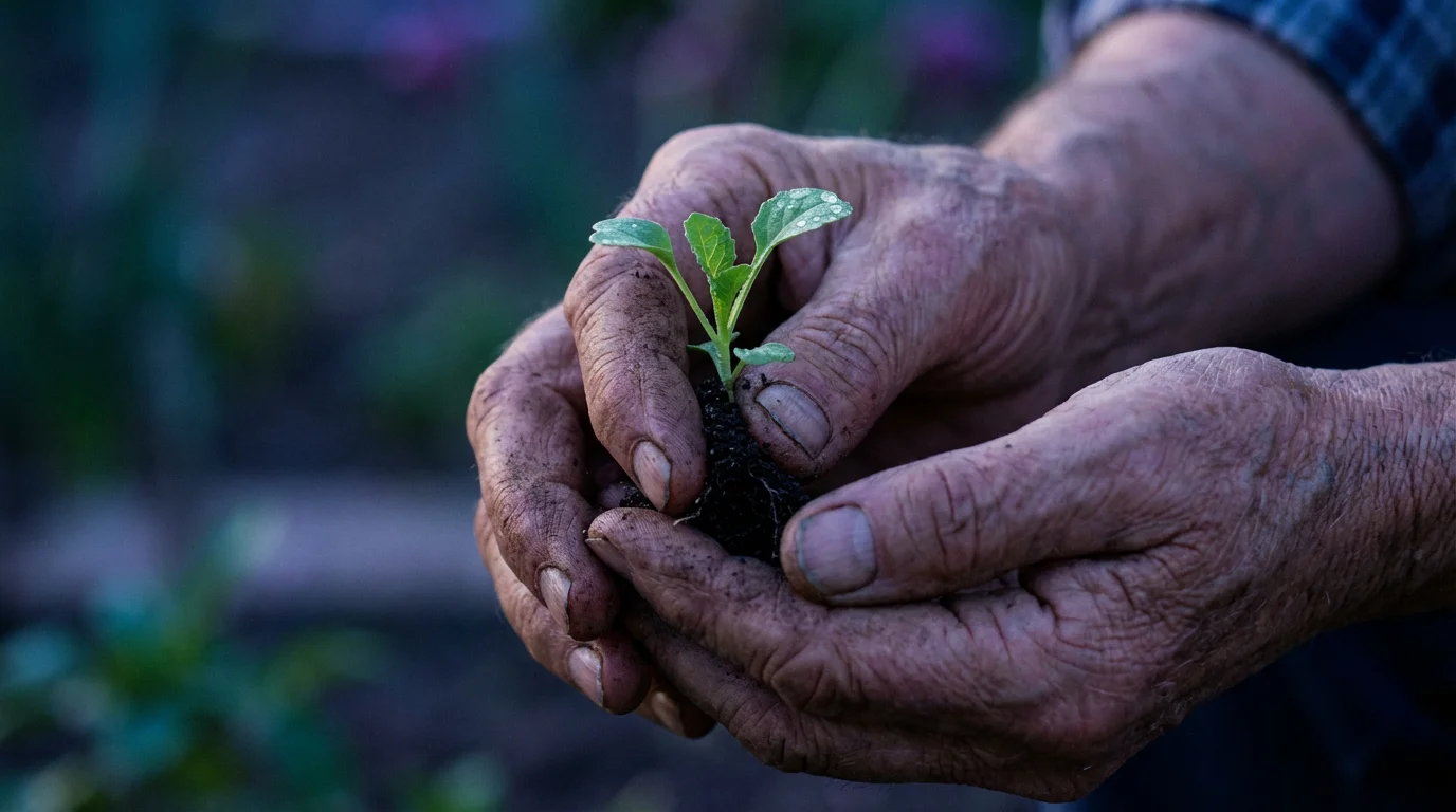Close-up macro photo of senior hands tenderly holding a tiny new plant seedling.