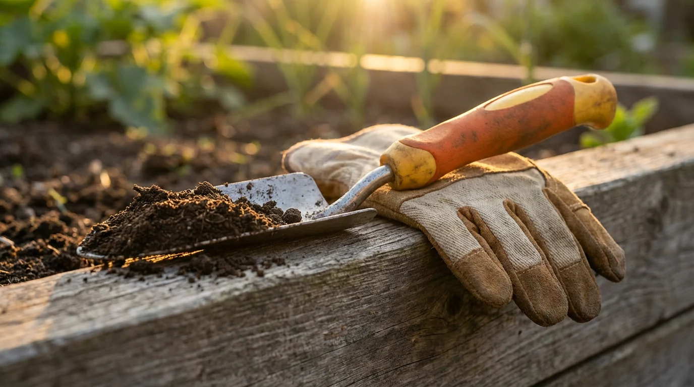 Close-up macro shot of ergonomic gardening tools and gloves resting on a wooden planter.
