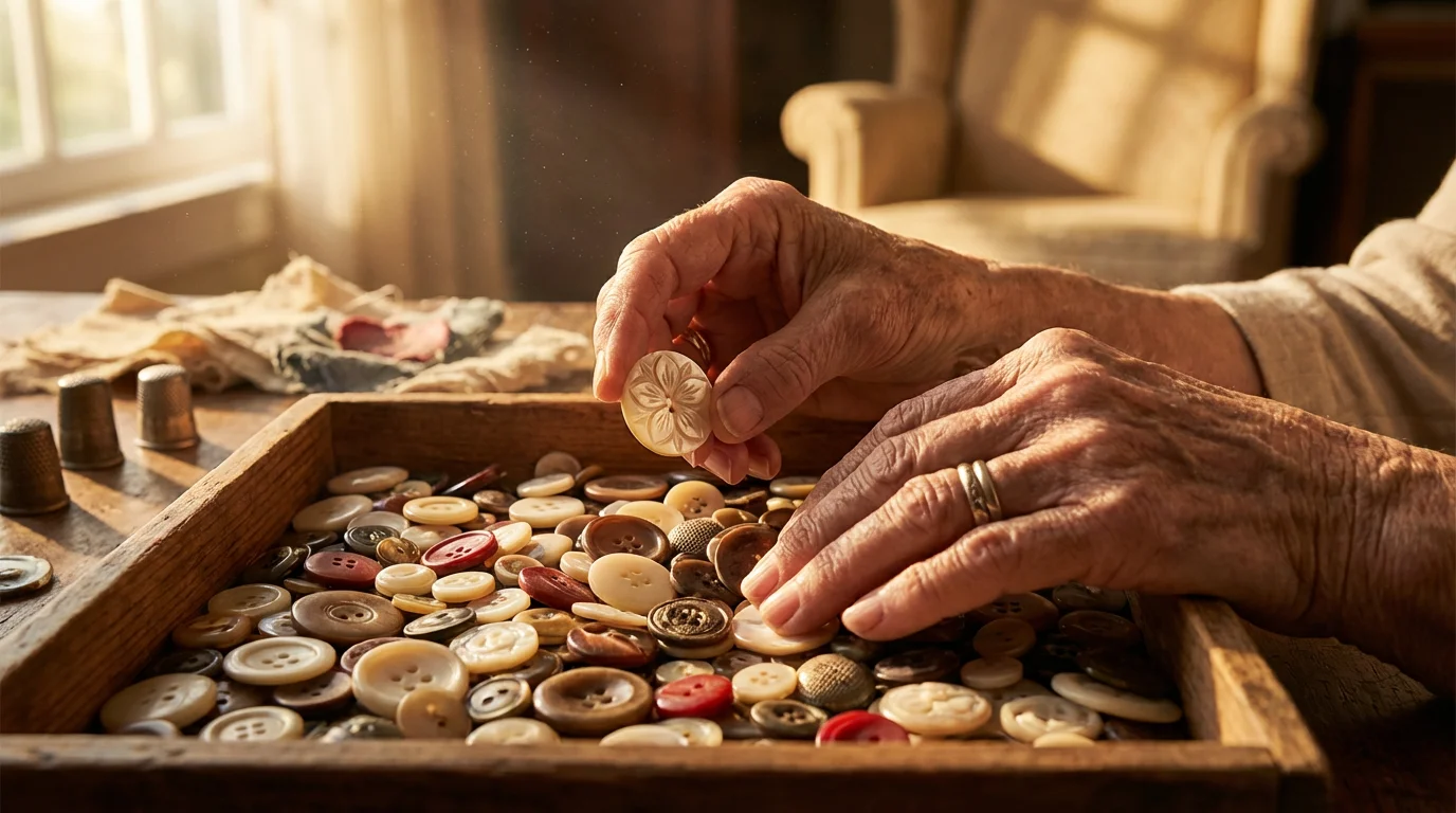 Close-up macro shot of older hands sorting through a tray of vintage buttons.
