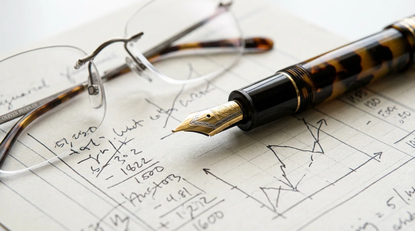 Close-up of a fountain pen and glasses on a financial ledger with graphs.