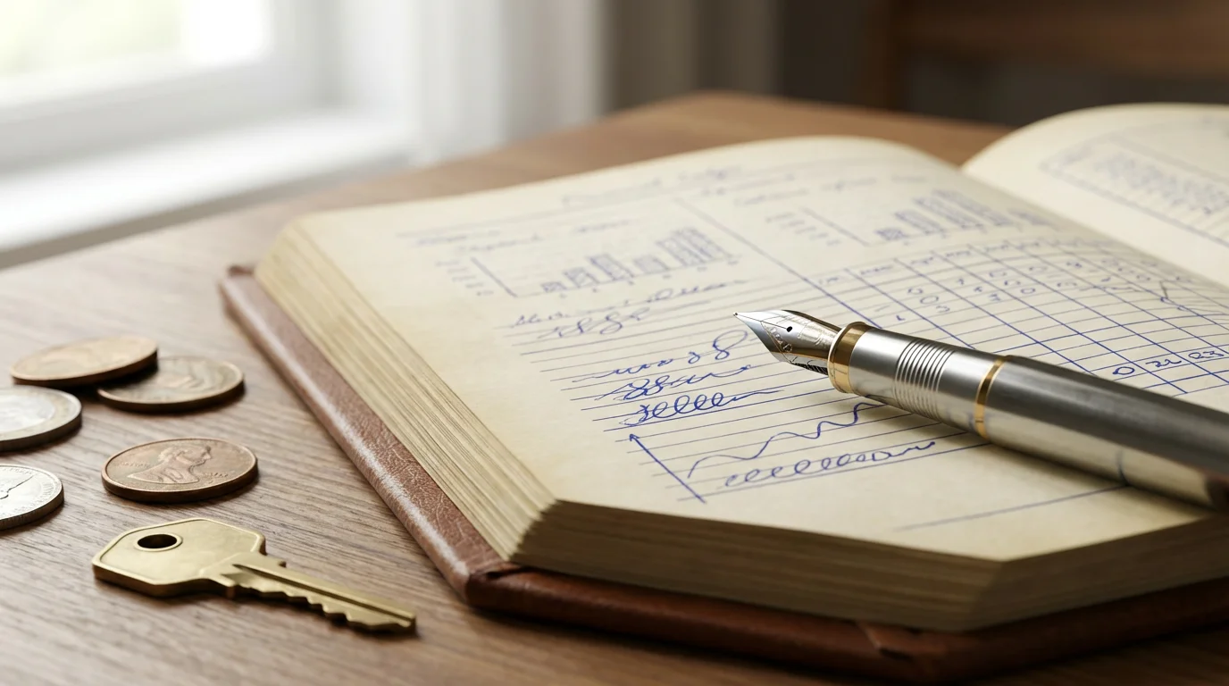 Close-up of a fountain pen, ledger, and key symbolizing retirement financial planning.