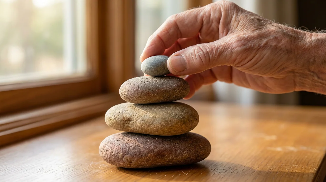 Close-up of a hand carefully stacking smooth stones in soft morning light.