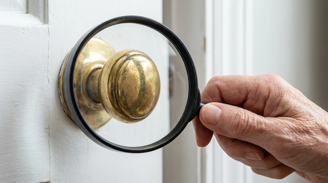Close-up of a hand holding a magnifying glass over a doorknob for assessment.