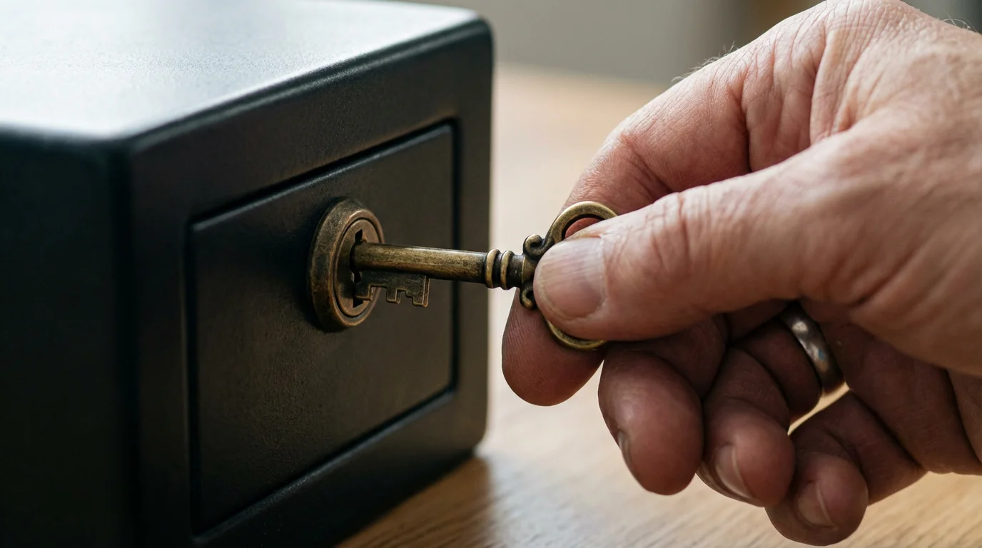 Close-up of a hand inserting a brass key into the lock of a safe.