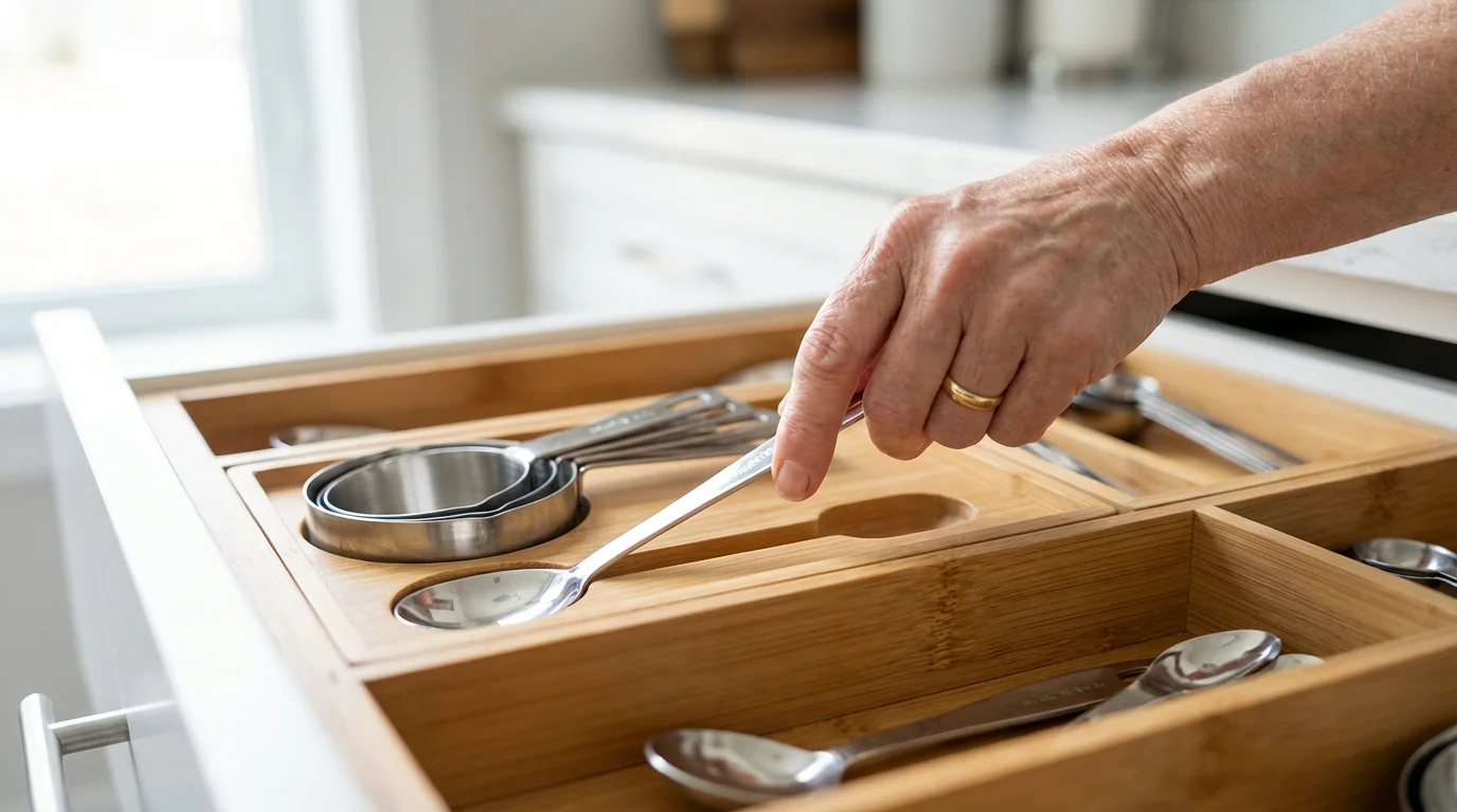 Close-up of a hand organizing a kitchen drawer with bamboo dividers and utensils.