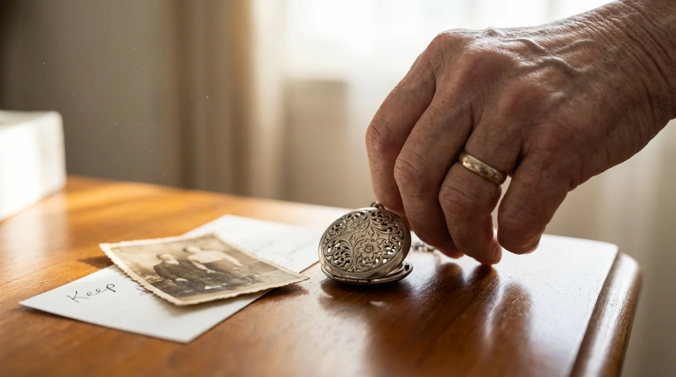 Close-up of a hand placing a sentimental silver locket on a wooden table.