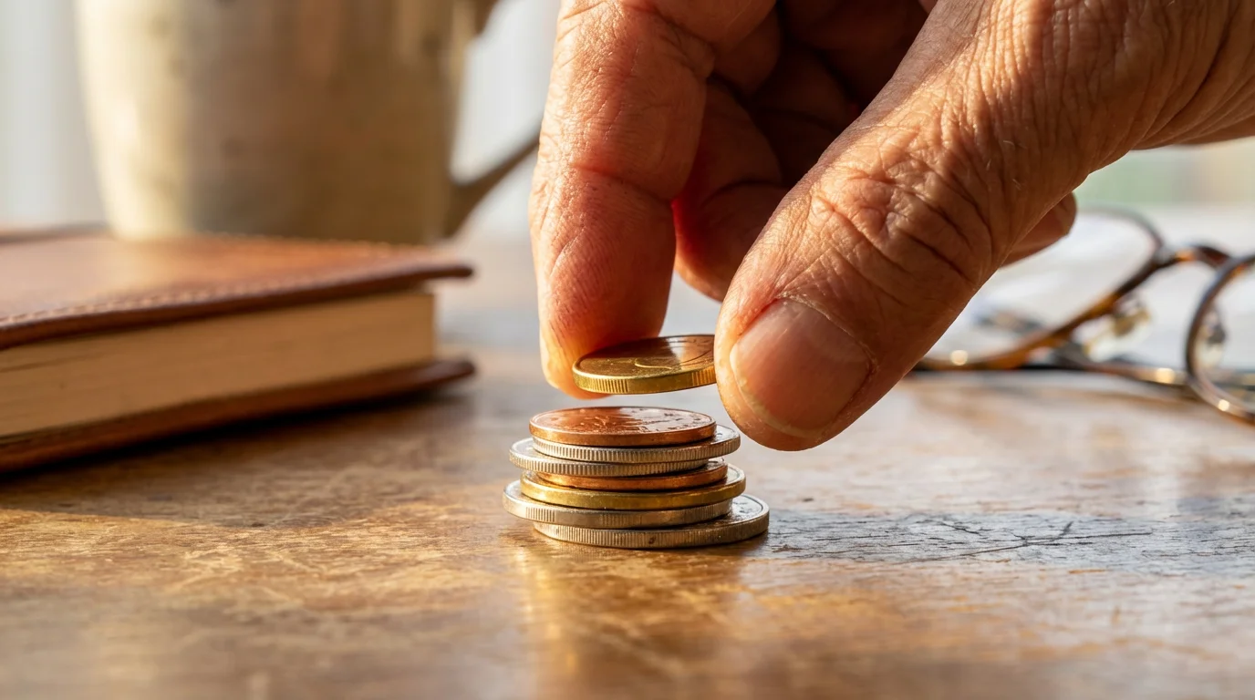 Close-up of a hand stacking coins on a desk, symbolizing financial planning.