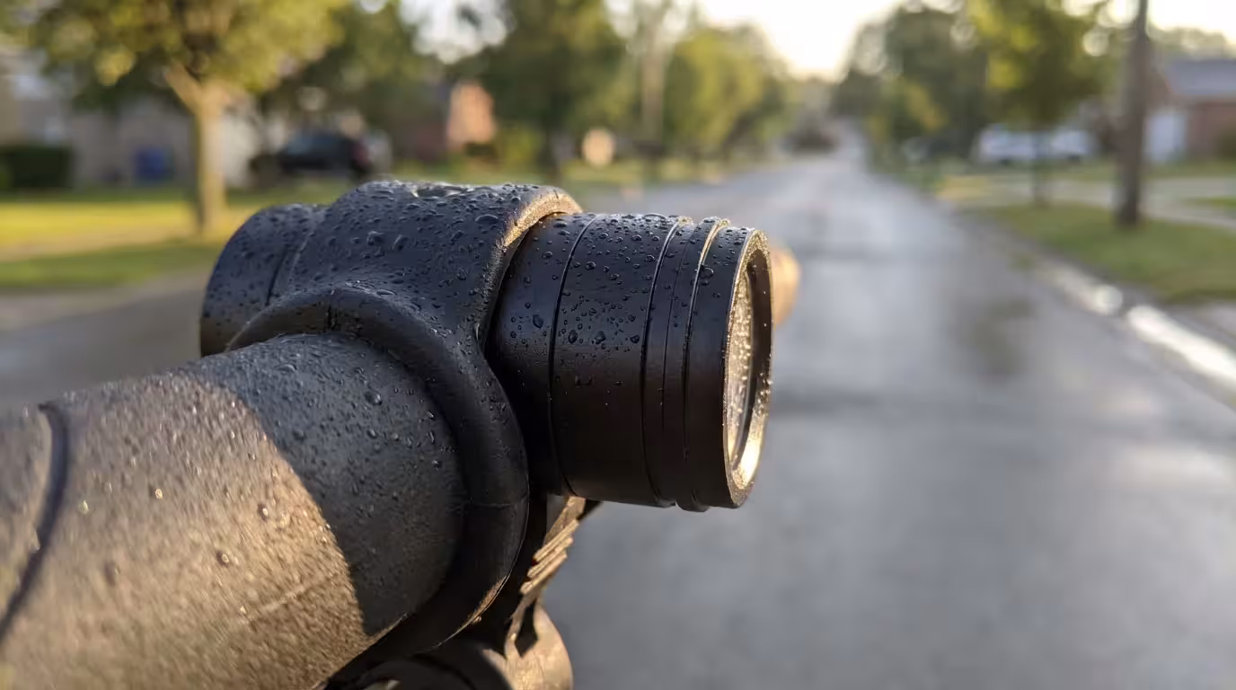 Close-up of a modern bicycle headlight on a handlebar in soft morning light.