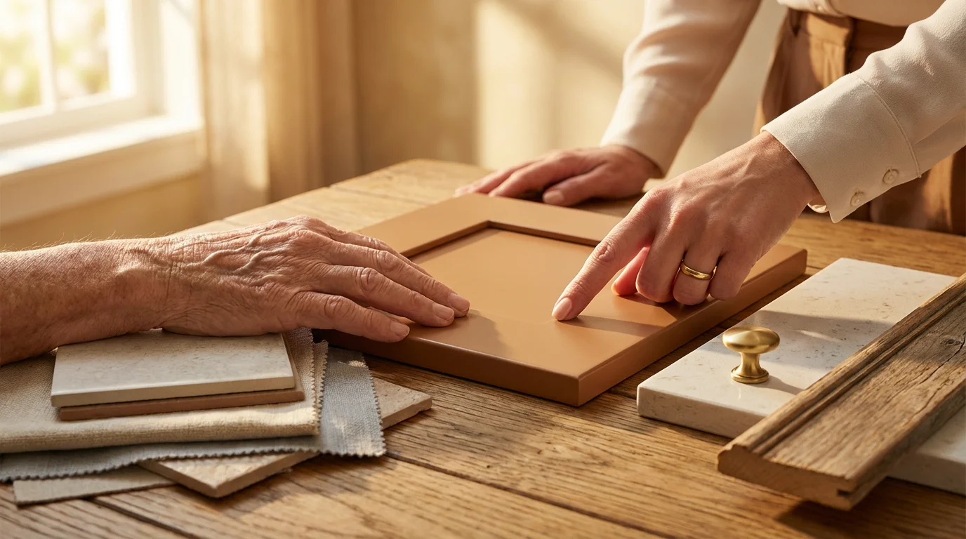Close-up of a senior and a designer's hands reviewing kitchen material samples.