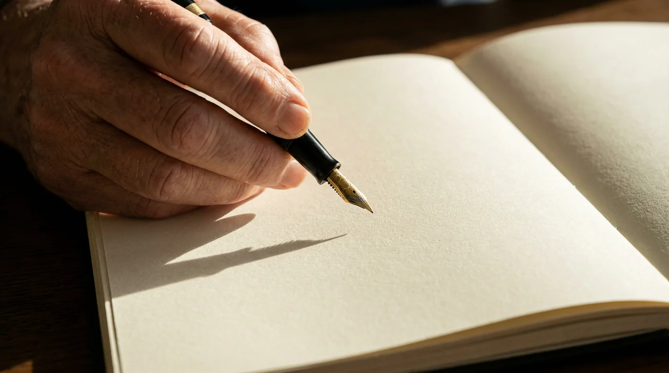 Close-up of a senior's hand holding a fountain pen poised over a blank journal.