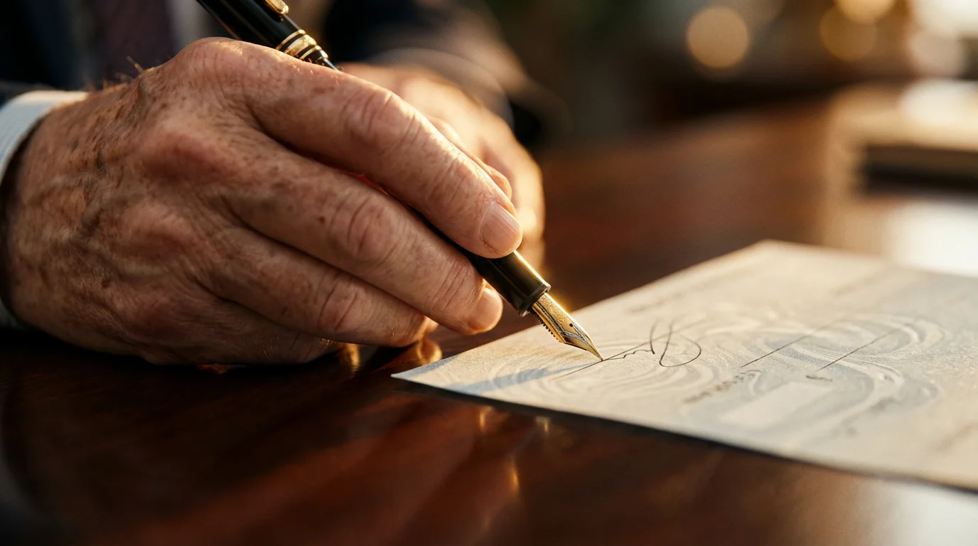 Close-up of a senior's hand holding a fountain pen over a blank check.
