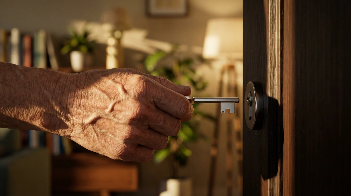 Close-up of a senior's hand holding a silver key to their apartment door.