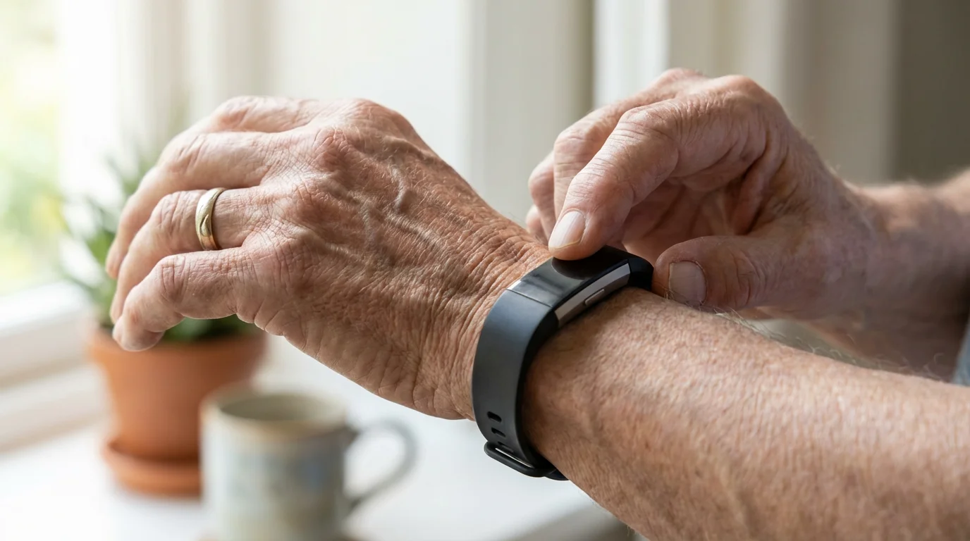 Close-up of a senior's hand putting on a modern fitness tracker watch.