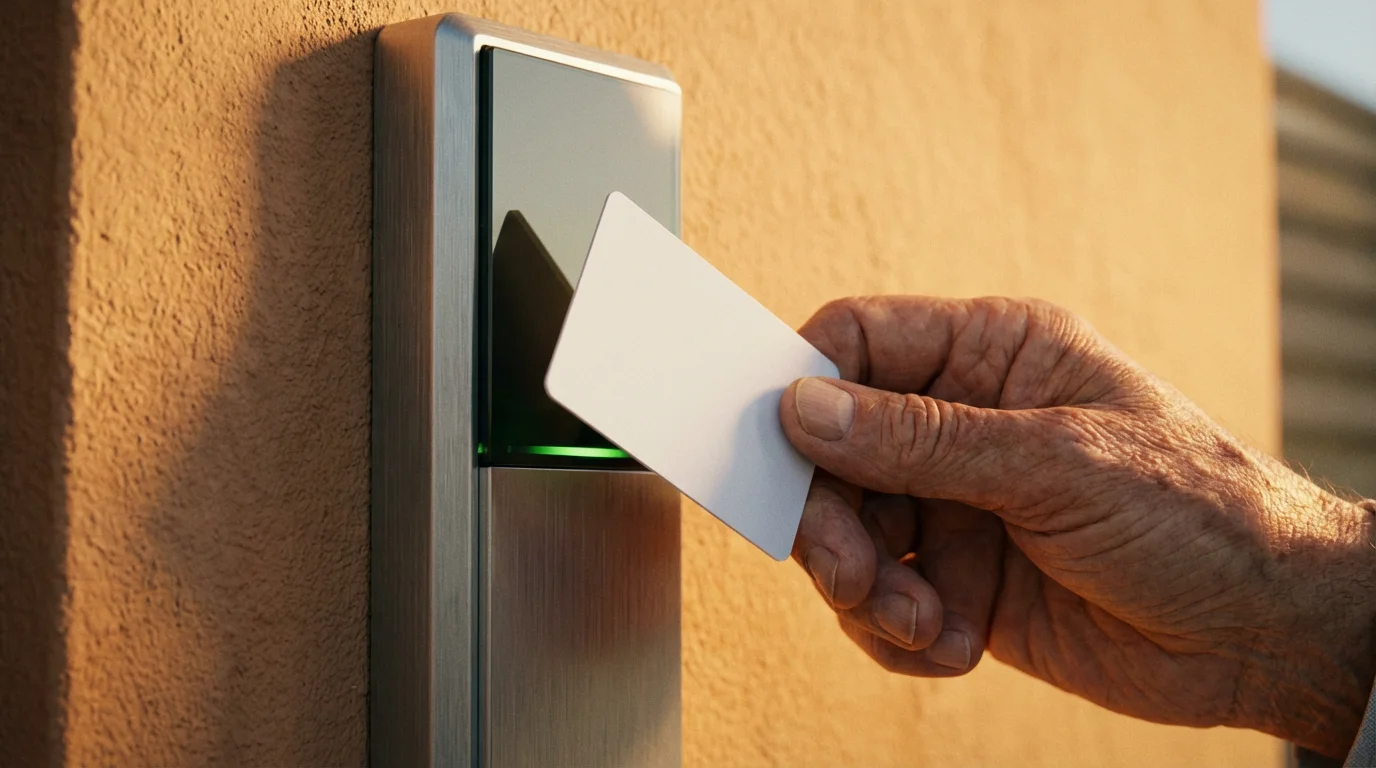 Close-up of a senior's hand using a blank key card on a modern entry scanner.