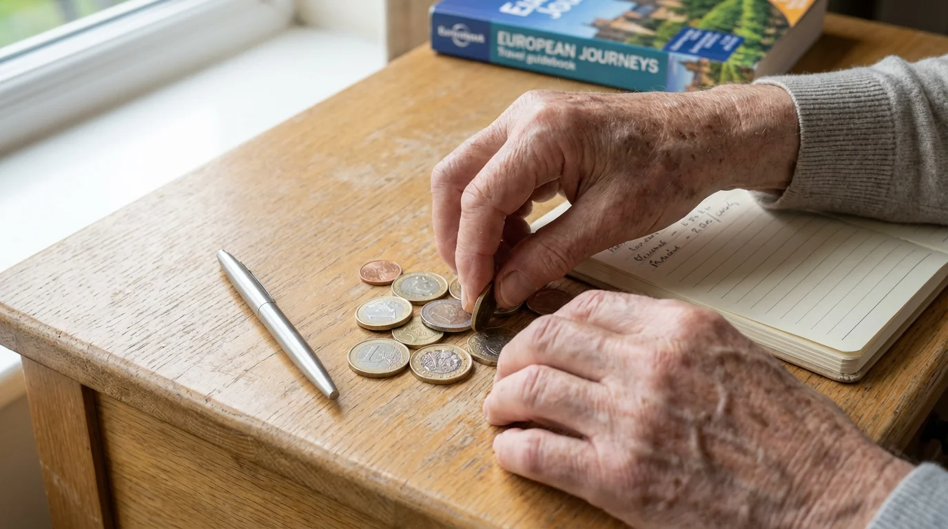Close-up of a senior's hands counting foreign coins on a desk for budgeting.