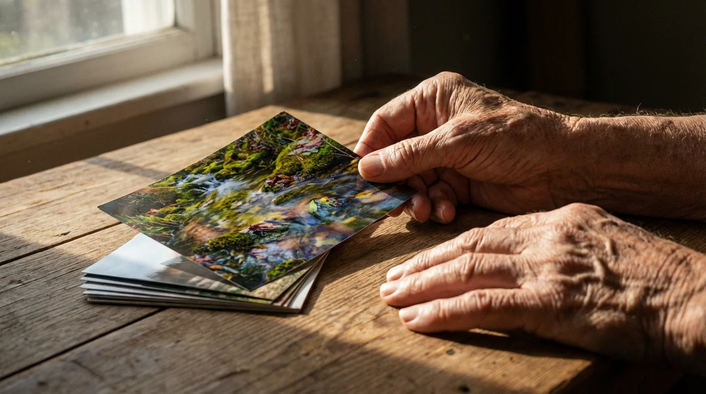 Close-up of a senior's hands holding a stack of printed photographs on a table.