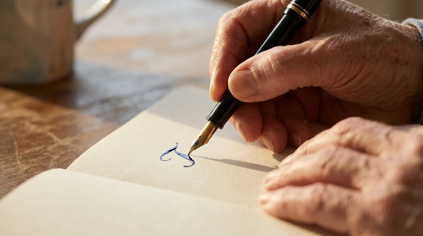 Close-up of a senior's hands writing in a journal with a fountain pen.