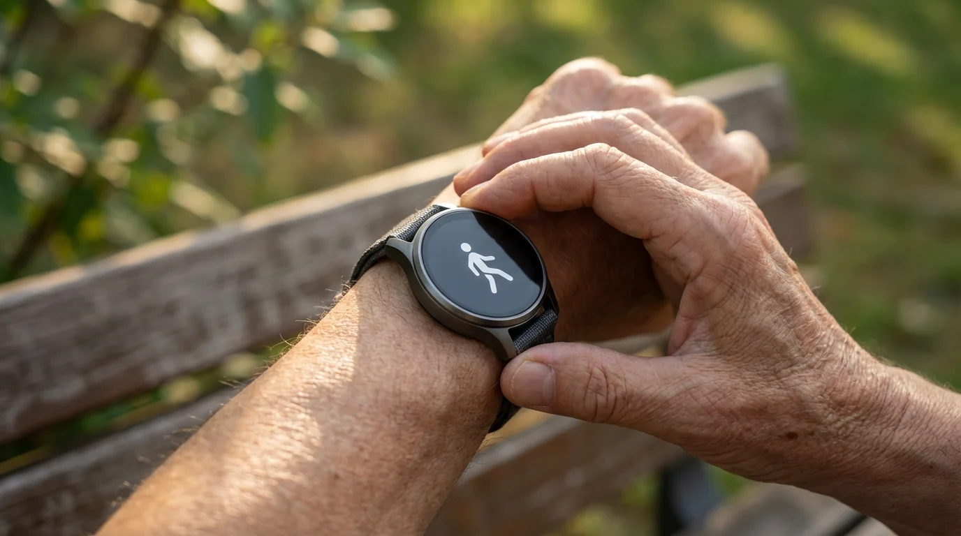 Close-up of a senior's wrist wearing a smartwatch with a simple walking icon.