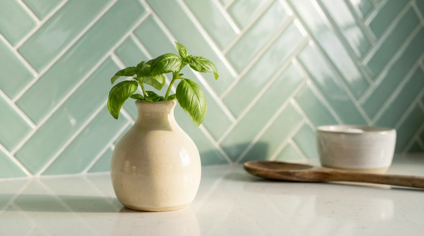 Close-up of a stylish kitchen with a seafoam green tile backsplash and vase.