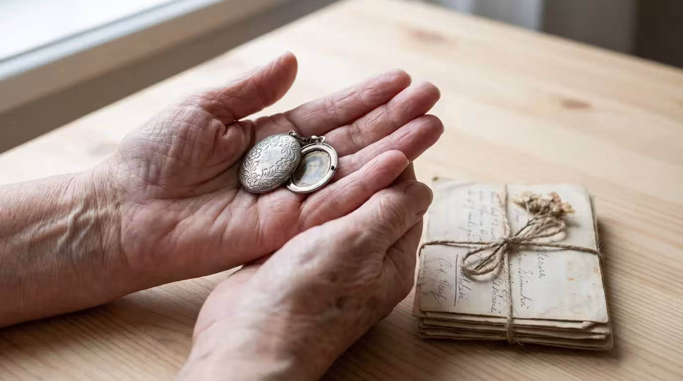 Close-up of aged hands holding a sentimental silver locket next to old letters.
