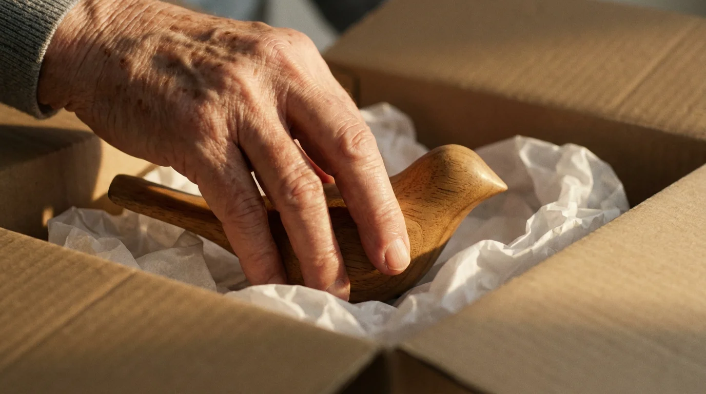 Close-up of an elderly hand carefully packing a small wooden bird into a box.